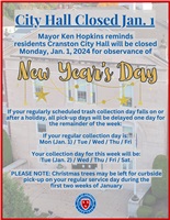 Cranston City Hall Closed Monday, Jan. 1 for New Years Day